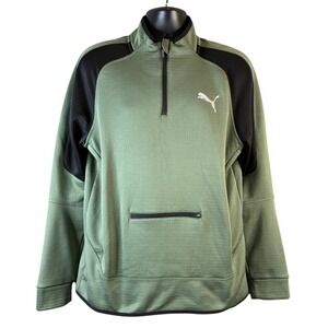 Puma Mens Quarter Zip Pullover Olive Green Black Waffle Knit Activewear Medium